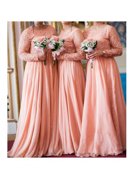A-Line Long Sleeves Lace and Chiffon Long Bridesmaid Dresses 99601394