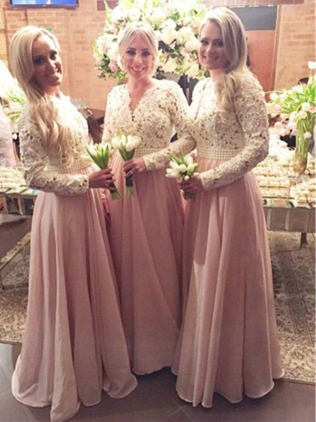 A-Line Beaded Long Pink Lace Floor Length Bridesmaid Dresses 99601412