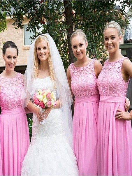 A-Line Lace and Chiffon Long Pink Floor Length Bridesmaid Dresses 99601416