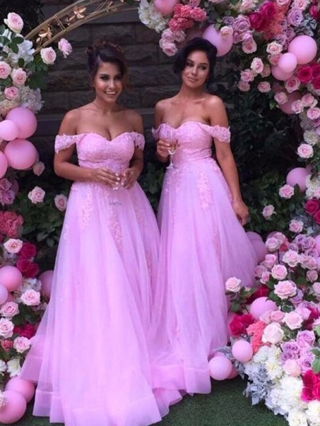 A-Line Lace and Tulle Long Pink Floor Length Bridesmaid Dresses 99601417
