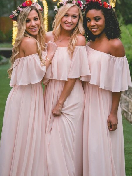 Long Pink Off-the-Shoulder Chiffon Floor Length Bridesmaid Dresses 99601427
