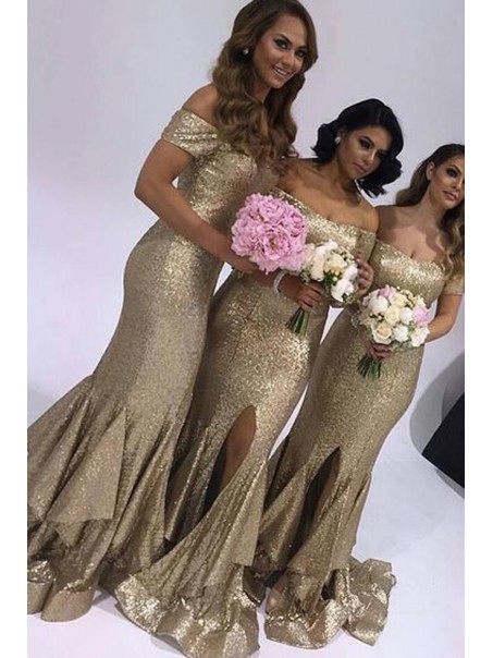 Mermaid Sequins Off-the-Shoulder Long Floor Length Bridesmaid Dresses 99601465