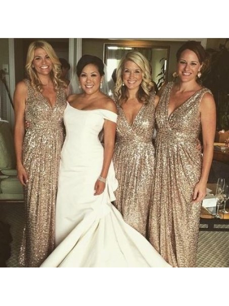 Sheath/Column Sequins V-Neck Floor Length Bridesmaid Dresses 99601470 Sheath/Column Sequins V-Neck Floor Length Bridesmaid Dresses 99601470