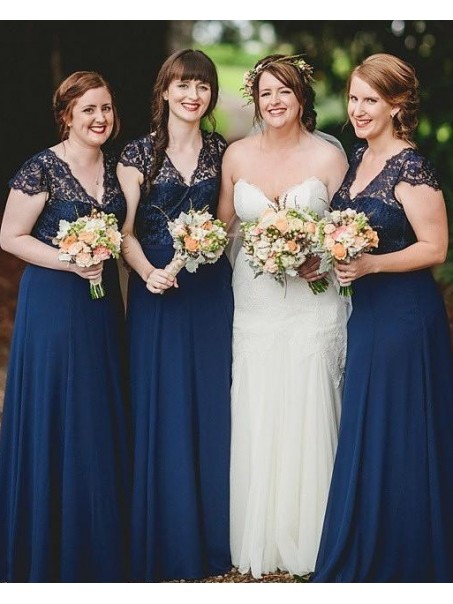 A-Line Lace and Chiffon Long Navy Blue Floor Length Bridesmaid Dresses 99601475