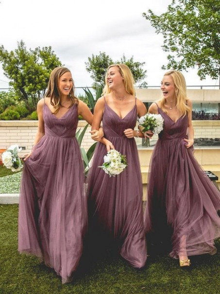 A-Line V-Neck Spaghetti Straps Floor Length Bridesmaid Dresses 99601480