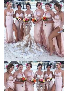 Sexy High Slit Spaghetti Straps Floor Length Bridesmaid Dresses 99601486