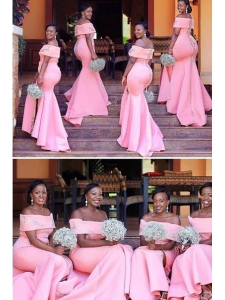 Mermaid Off-the-Shoulder Long Pink Plus Size Floor Length Bridesmaid Dresses 99601487