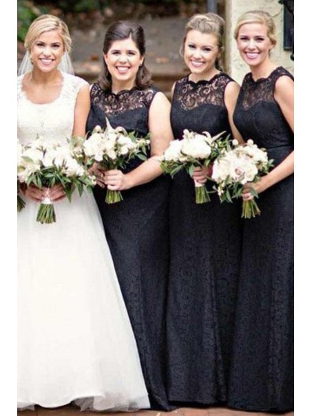 Long Black Lace Floor Length Bridesmaid Dresses 99601511