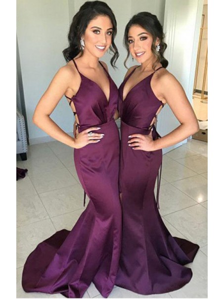 Mermaid Long Grape V-Neck Floor Length Bridesmaid Dresses 99601514