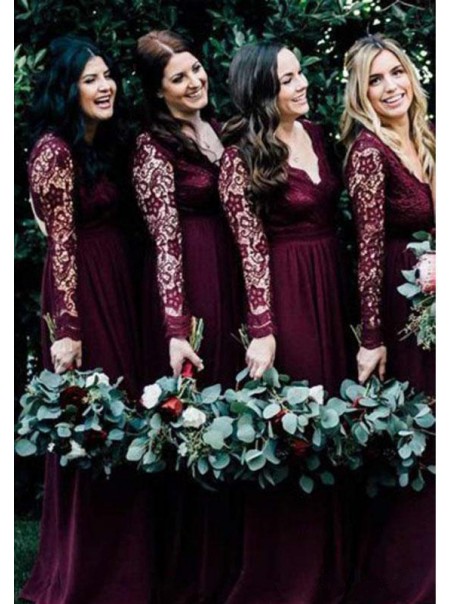 Long Sleeves Lace V-Neck Floor Length Bridesmaid Dresses 99601522