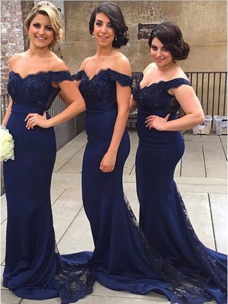 Trumpet/Mermaid Off-the-Shoulder Long Navy Blue Lace Prom Evening Formal Dresses 99602001