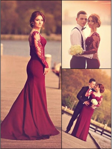 Trumpet/Mermaid Off-the-Shoulder Long Sleeves Red Lace Prom Evening Formal Dresses 99602003