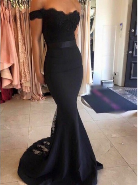 Trumpet/Mermaid Off-the-Shoulder Long Black Lace Prom Evening Formal Dresses 99602008