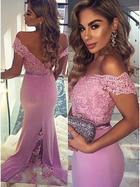 Trumpet/Mermaid Off-the-Shoulder Long Pink Lace Prom Evening Formal Dresses 99602009