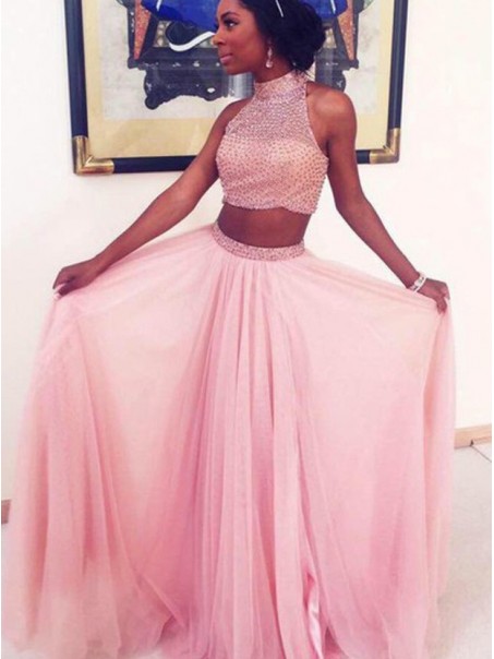 Two Pieces Beaded High Neck Long Pink Prom Evening Formal Dresses 99602010