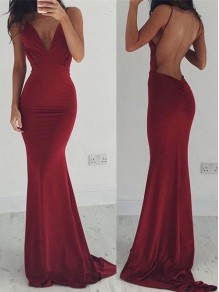 Trumpet/Mermaid Spaghetti Straps Long Red Backless Prom Evening Formal Dresses 99602012