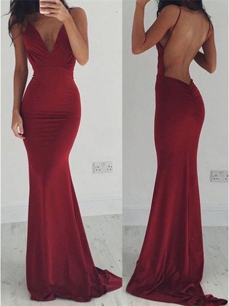 Trumpet/Mermaid Spaghetti Straps Long Red Backless Prom Evening Formal Dresses 99602012