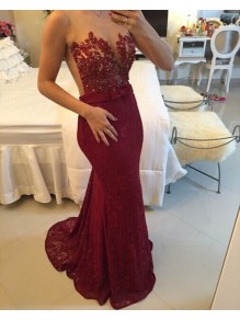 Trumpet/Mermaid Lace Long Red See Through Prom Evening Formal Dresses 99602013
