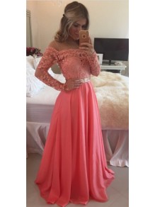 A-Line Off-the-Shoulder Long Sleeves Lace Chiffon Prom Evening Formal Dresses 99602015 A-Line Off-the-Shoulder Long Sleeves Lace Chiffon Prom Evening Formal Dresses 99602015