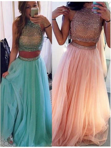 Two Pieces Beaded High Neck Long Prom Evening Formal Dresses 99602018