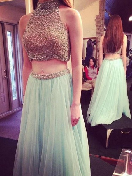 Two Pieces Beaded High Neck Long Prom Evening Formal Dresses 99602019