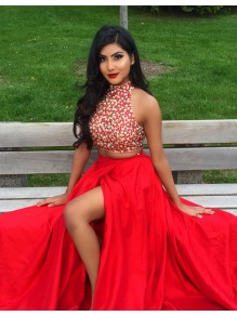 Red Two Pieces Beaded High Neck Long Prom Evening Formal Dresses 99602020