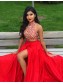 Red Two Pieces Beaded High Neck Long Prom Evening Formal Dresses 99602020