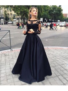 Two Pieces Long Sleeves Black Lace Prom Evening Formal Dresses 99602024