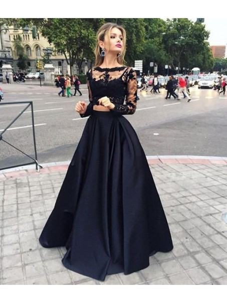 Two Pieces Long Sleeves Black Lace Prom Evening Formal Dresses 99602024