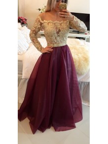 A-Line Off-the-Shoulder Long Sleeves Gold Lace Prom Evening Formal Dresses 99602025