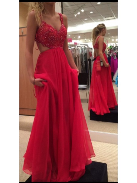 A-Line Long Red Chiffon Lace Prom Evening Formal Dresses 99602027