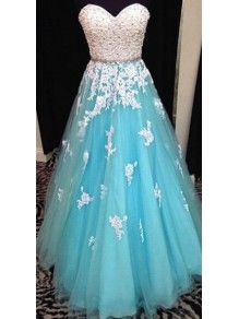 A-Line Sweetheart Lace Tulle White Blue Long Prom Evening Formal Dresses 99602040