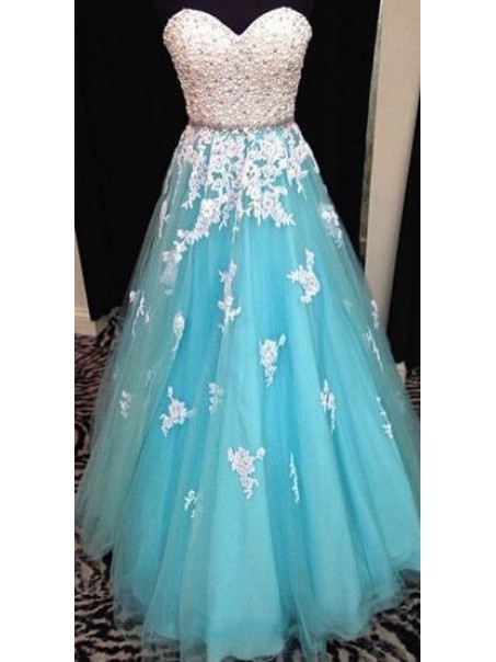 A-Line Sweetheart Lace Tulle White Blue Long Prom Evening Formal Dresses 99602040