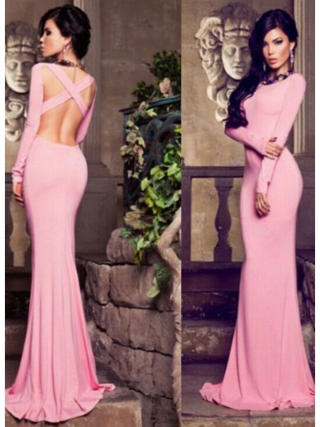 Trumpet/Mermaid Long Sleeves Pink Prom Evening Formal Dresses 99602042