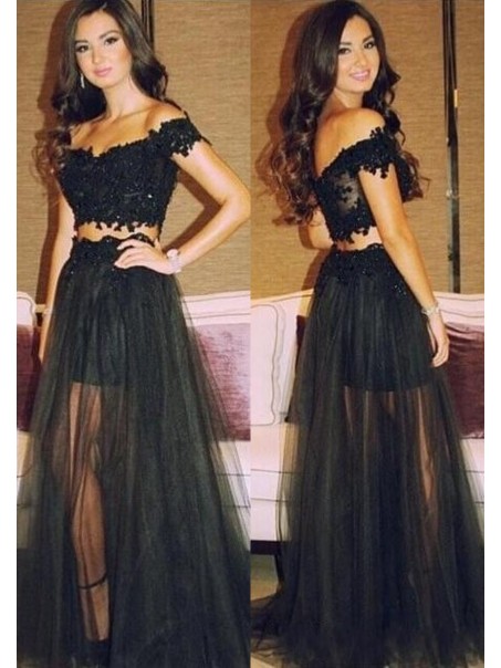 Two Pieces Off-the-Shoulder Black Lace Tulle Prom Evening Formal Dresses 99602045