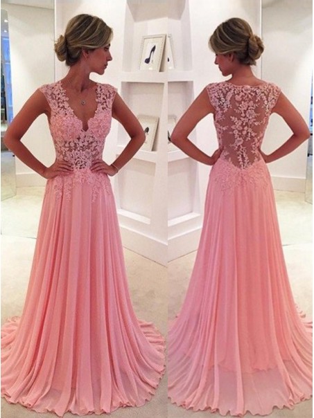 A-Line V-Neck Chiffon Lace Long Pink Prom Evening Formal Dresses 99602047 A-Line V-Neck Chiffon Lace Long Pink Prom Evening Formal Dresses 99602047