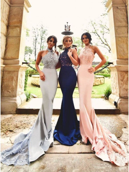 Trumpet/Mermaid Halter Lace Long Prom Evening Formal Dresses 99602054