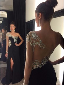 Sheath Beaded One-Sleeve Long Black Prom Evening Formal Dresses 99602056