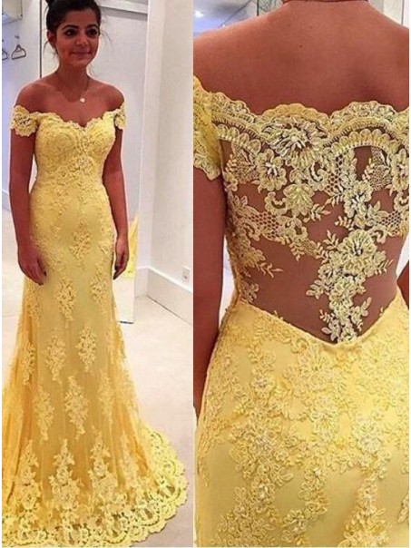Off-the-Shoulder Lace Long Yellow Prom Evening Formal Dresses 99602061