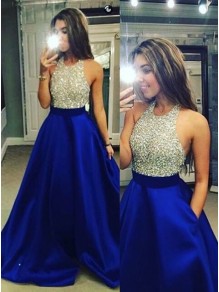 A-Line Halter Sequins Blue Satin Long Prom Evening Formal Dresses 99602062 A-Line Halter Sequins Blue Satin Long Prom Evening Formal Dresses 99602062