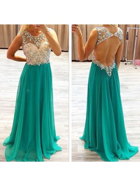 Beaded Green Chiffon Keyhole Back Long Prom Evening Formal Dresses 99602069
