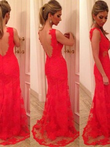 Long Red Lace Low V-Back Prom Evening Formal Dresses 99602070