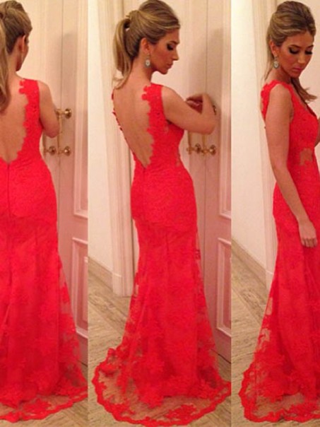 Long Red Lace Low V-Back Prom Evening Formal Dresses 99602070