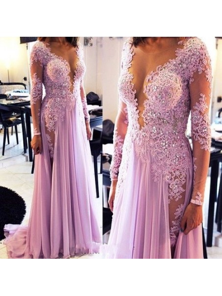 Sexy Long Sleeves Lilac Lace Appliques Chiffon See Through Prom Evening Formal Dresses 99602071