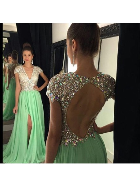 Mint Green Chiffon Beaded Sequins Keyhole Back Long Prom Evening Formal Dresses 99602073