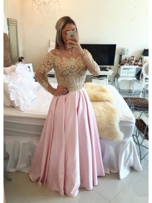 Long Sleeves Off-the-Shoulder Gold Beaded Lace Pink Prom Evening Formal Dresses 99602075 Long Sleeves Off-the-Shoulder Gold Beaded Lace Pink Prom Evening Formal Dresses 99602075
