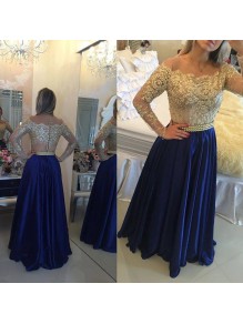 Long Sleeves Off-the-Shoulder Gold Beaded Lace Blue Prom Evening Formal Dresses 99602076 Long Sleeves Off-the-Shoulder Gold Beaded Lace Blue Prom Evening Formal Dresses 99602076