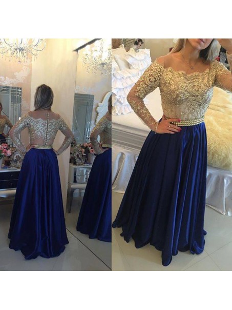 Long Sleeves Off-the-Shoulder Gold Beaded Lace Blue Prom Evening Formal Dresses 99602076 Long Sleeves Off-the-Shoulder Gold Beaded Lace Blue Prom Evening Formal Dresses 99602076