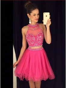 Two Pieces Hot Pink Beaded Prom Evening Formal Dresses 99602084