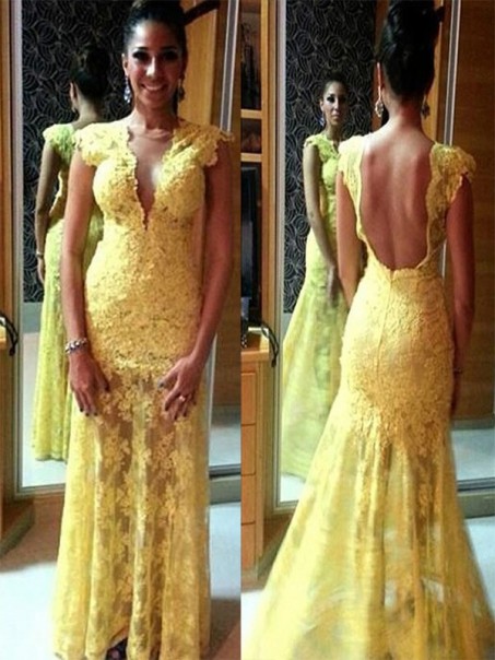 Long Yellow Lace Prom Evening Formal Dresses 99602091